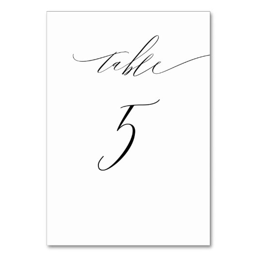 Elegantes weißes, modernes Script Nr. 5 Hochzeit Tischnummer (Vorderseite)