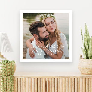 Elegantes Weißes Mr und Mrs Monogramm Foto Hochzei Leinwanddruck