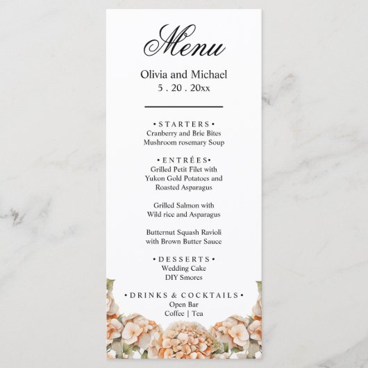 Elegantes, weißes, orangefarbenes Barockblau Menükarte (Vorderseite)