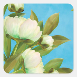 Elegantes weißes Pfingstrosen-Blumenbouquet Quadratischer Aufkleber