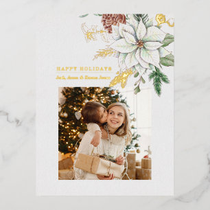 Elegantes Weißes Poinsettia und Pine-Foto Folien Feiertagspostkarte