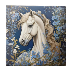 Elegantes weißes Pony und vergiss-Me-Nots Fliese