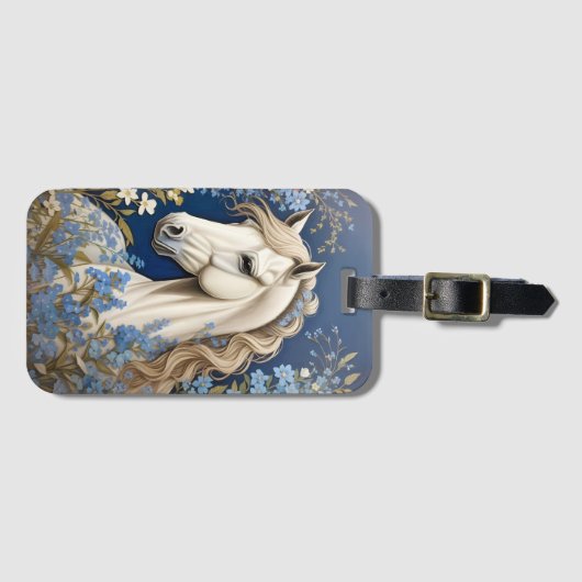 Elegantes weißes Pony und vergiss-Me-Nots Gepäckanhänger (Vorderseite (Horizontal))