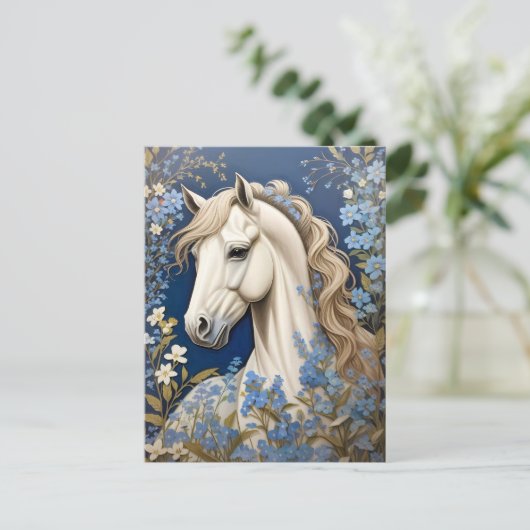 Elegantes weißes Pony und vergiss-Me-Nots Postkarte (Stehend Vorderseite)