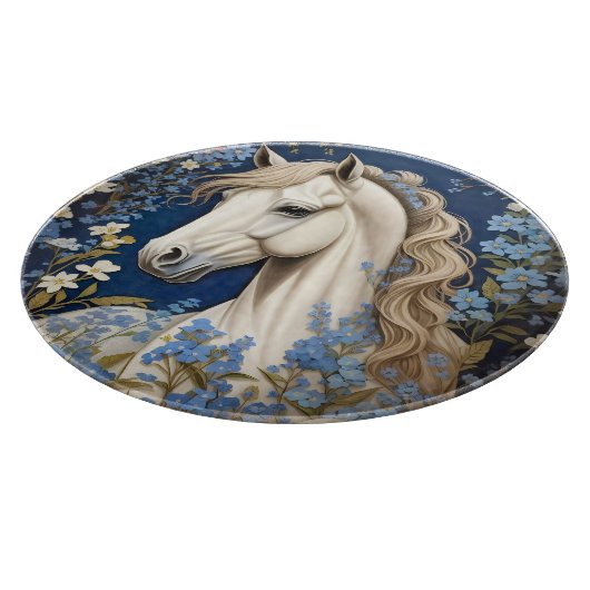 Elegantes weißes Pony und vergiss-Me-Nots Schneidebrett (Ecke)