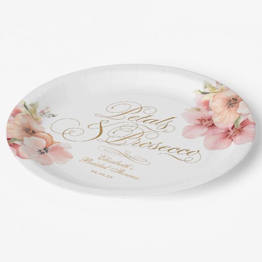 Elegantes weißes Rosa Gold Blumenblätter & Prosecc Pappteller (Schrägansicht)