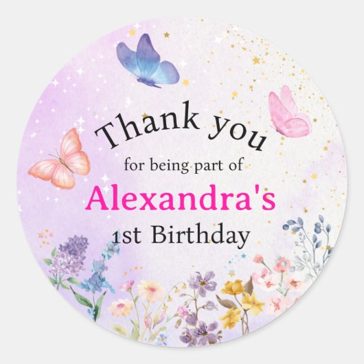 Elegantes weißes Rosa und lila Schmetterling Runder Aufkleber (Vorderseite)