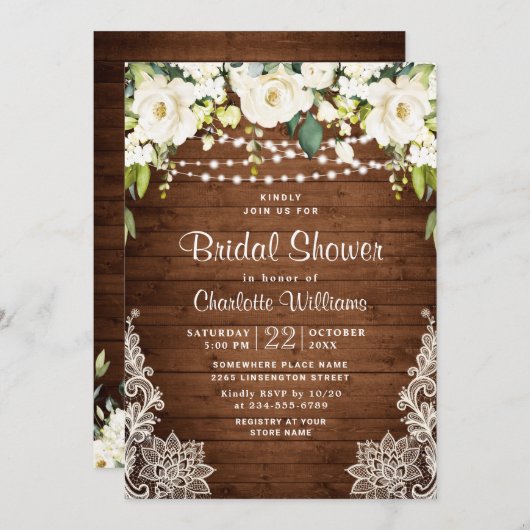 Elegantes Weißes Rosenrad Rustikales Brautparty Einladung (Vorne/Hinten)