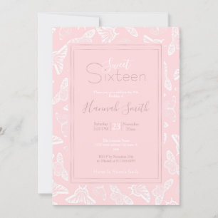 Elegantes weißes Schmetterlingsmuster Rosa Design Einladung