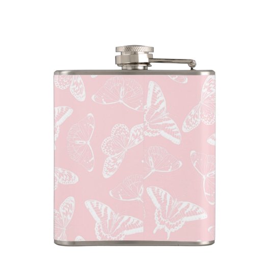Elegantes weißes Schmetterlingsmuster Rosa Design Flachmann (Rückseite)