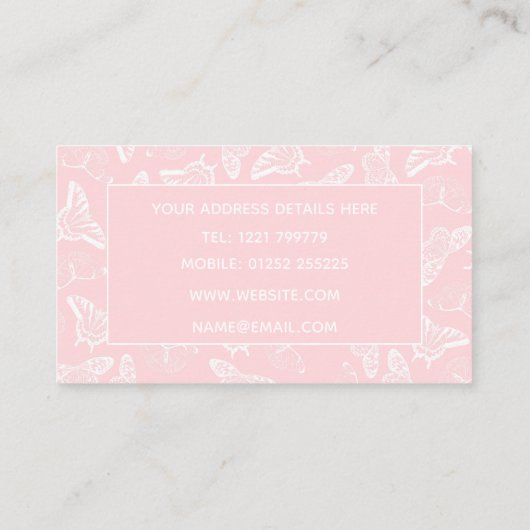 Elegantes weißes Schmetterlingsmuster Rosa Design Visitenkarte (Rückseite)