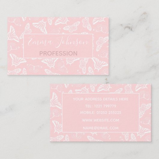 Elegantes weißes Schmetterlingsmuster Rosa Design Visitenkarte (Vorne/Hinten)