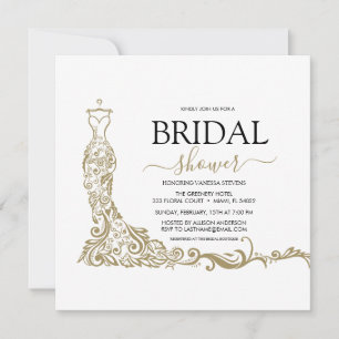 Elegantes weißes und goldenes Brautkleid für den B Save The Date