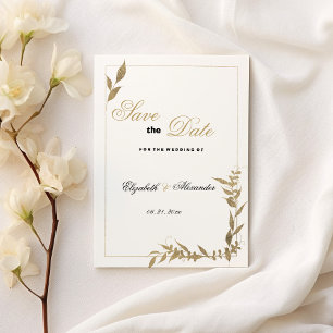 Elegantes weißes und goldfarbenes Blattwerk Save t Einladung