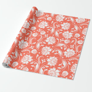 Elegantes weißes und korallenrotes florales Damast Geschenkpapier