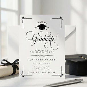 Elegantes weißes und schwarzes Hochschulabschluss- Ankündigung