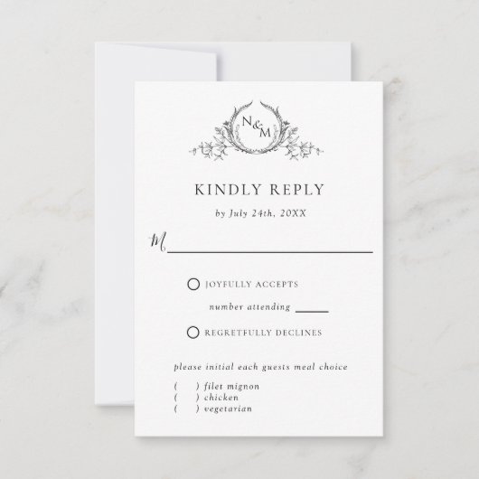 Elegantes weißes und schwarzes Monogramm mit/ohne RSVP Karte (Vorderseite)