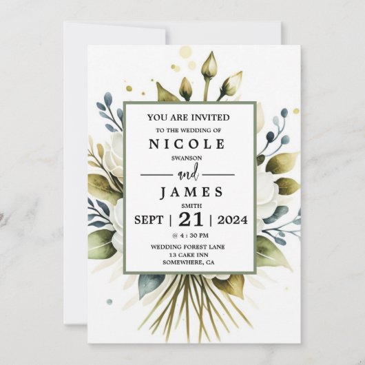 Elegantes weißes Wasserfarbenflor Einladung (Vorderseite)