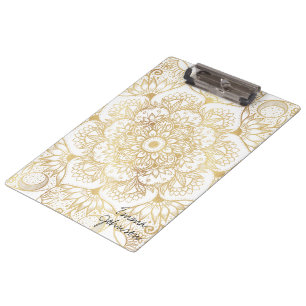 Elegantes Weißgold-Mandala-Blumenmuster Klemmbrett