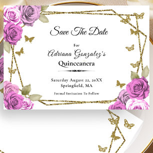 Elegantes Weißgold Rosa Rosen Quinceanera Save The Date