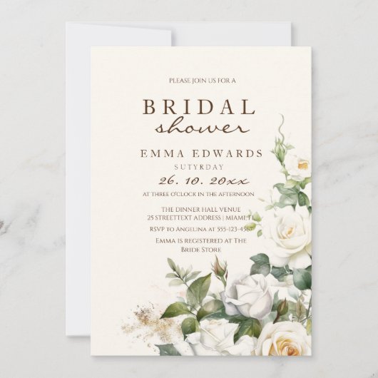 Elegantes Weißrosen Beige Brautparty Einladung (Vorderseite)