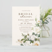 Elegantes Weißrosen Beige Brautparty Einladung (Stehend Vorderseite)