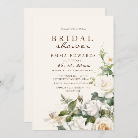Elegantes Weißrosen Beige Brautparty Einladung (Vorne/Hinten)