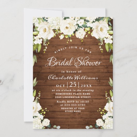 Elegantes Weißrosen Rustikales Brautparty Einladung (Vorderseite)