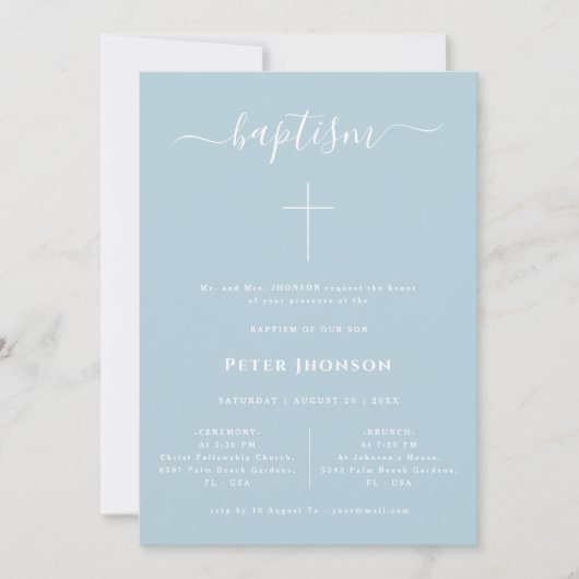 Elegantes Whimsy Script Dusty Blue Baptism Foto Einladung (Vorderseite)