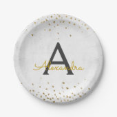 Elegantes White and Gold Foil Confetti Monogramm Pappteller (Vorderseite)