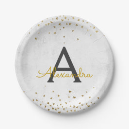 Elegantes White and Gold Foil Confetti Monogramm Pappteller