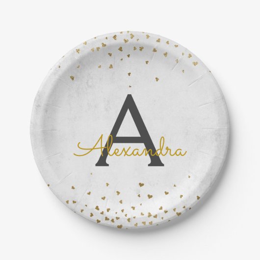 Elegantes White and Gold Foil Confetti Monogramm Pappteller (Vorderseite)