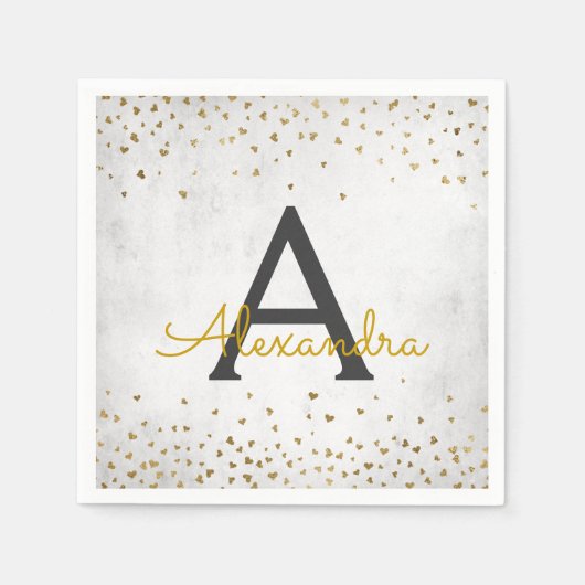 Elegantes White and Gold Foil Confetti Monogramm Serviette (Vorderseite)