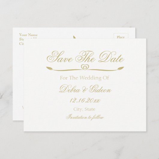 Elegantes White and Gold Monogram Save the Date Ankündigungspostkarte (Vorne/Hinten)