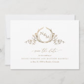 Elegantes White and Gold Monogram Wedding Foto Save The Date (Vorderseite)