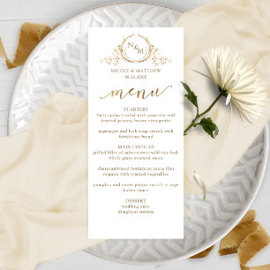 Elegantes White and Gold Monogram Wedding Menu Menükarte