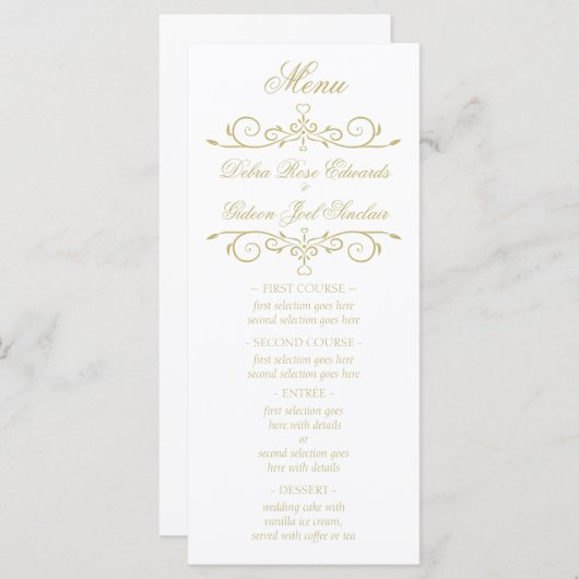 Elegantes White and Gold Monogram Wedding Menu Menükarte (Vorne/Hinten)