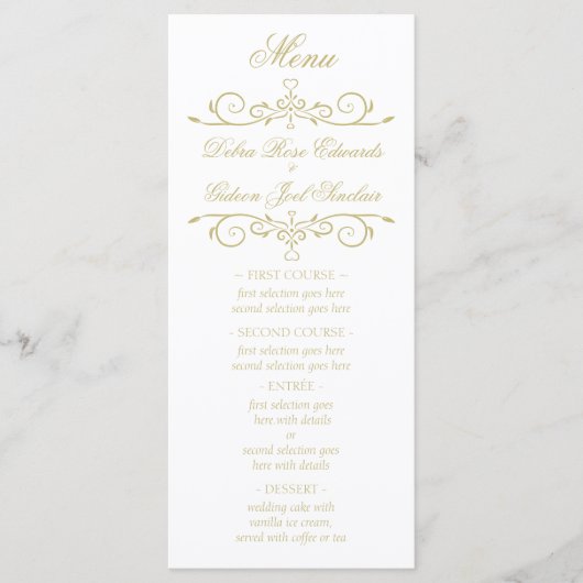 Elegantes White and Gold Monogram Wedding Menu Menükarte (Vorderseite)