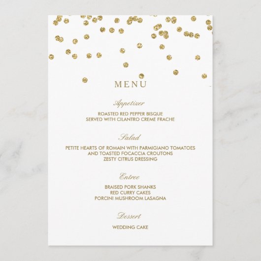 Elegantes White and Gold Polka Dots Wedding Menü Menükarte (Vorderseite)