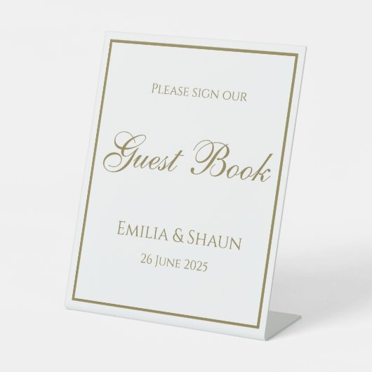 Elegantes White and Gold Wedding Gästebuchzeichen Sockelschild (Vorderseite)
