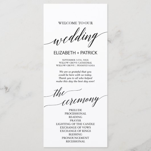 Elegantes White & Black Calligraphy Wedding Progra Programm (Vorderseite)
