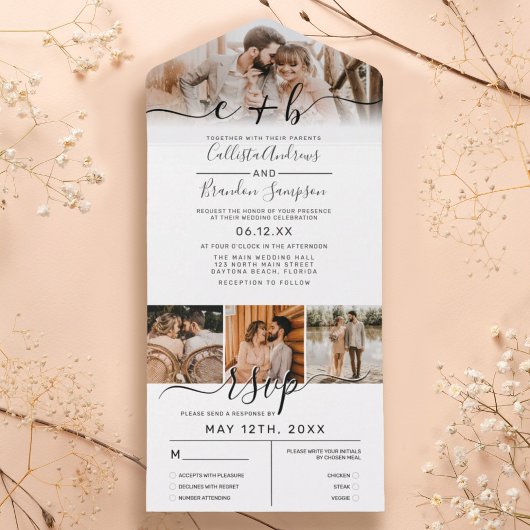 Elegantes White Black Foto Monogram Wedding RSVP All In One Einladung