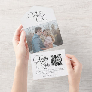 Elegantes White Black Monogram Script Foto Hochzei All In One Einladung