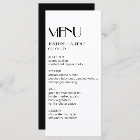 Elegantes White Black Monogram Wedding Menu Menükarte (Vorne/Hinten)