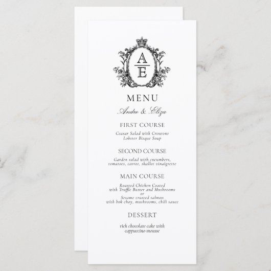 Elegantes White Black Wappen Monogram Wedding Menu Menükarte (Vorne/Hinten)