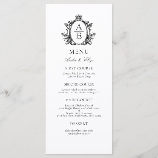 Elegantes White Black Wappen Monogram Wedding Menu Menükarte (Vorderseite)