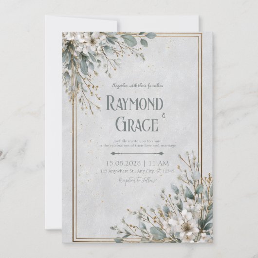 Elegantes White Blossom & Gold Frame Wedding Einladung (Vorderseite)