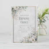 Elegantes White Blossom & Gold Frame Wedding Einladung (Stehend Vorderseite)