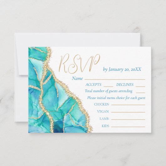 Elegantes White Blue Gold Glitzer Hochzeitsmenü UA RSVP Karte (Vorderseite)