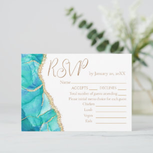 Elegantes White Blue Gold Glitzer Hochzeitsmenü UA RSVP Karte